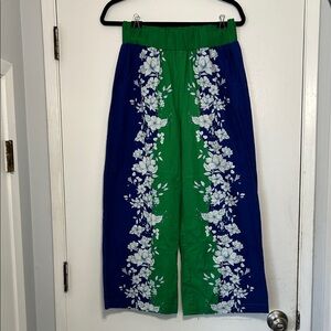 Kourt Floral Blue and Green Wide-Leg Capri Crop Pants Size M
